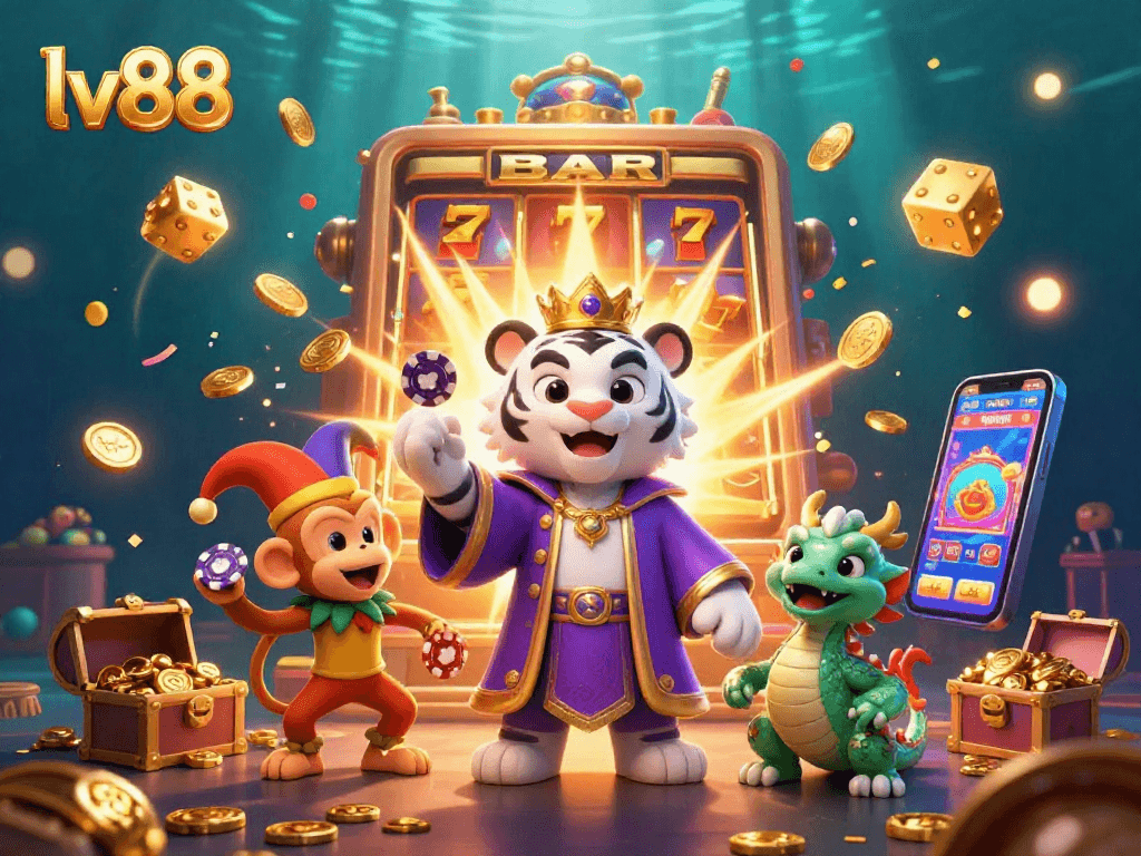 Experience excitement at lv88 with a dynamic 3D casino scene featuring vibrant characters, slots, and jackpot elements.