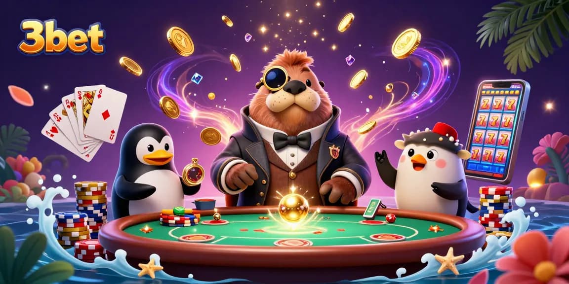 Experience the thrill of 3bet with our underwater casino scene featuring a jolly walrus, savvy penguin dealer, and a bluffing pufferfish.
