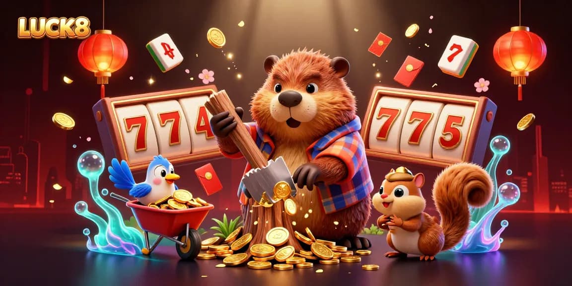 Join the excitement at LUCK8 with a vibrant casino scene filled with gold coins, slot reels, and animated characters!