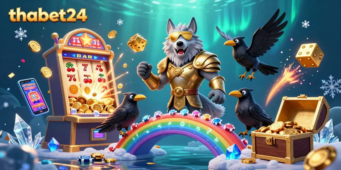 Engage in thrilling casino adventures with thabet24 featuring Odin and ravens amid vibrant gaming elements.