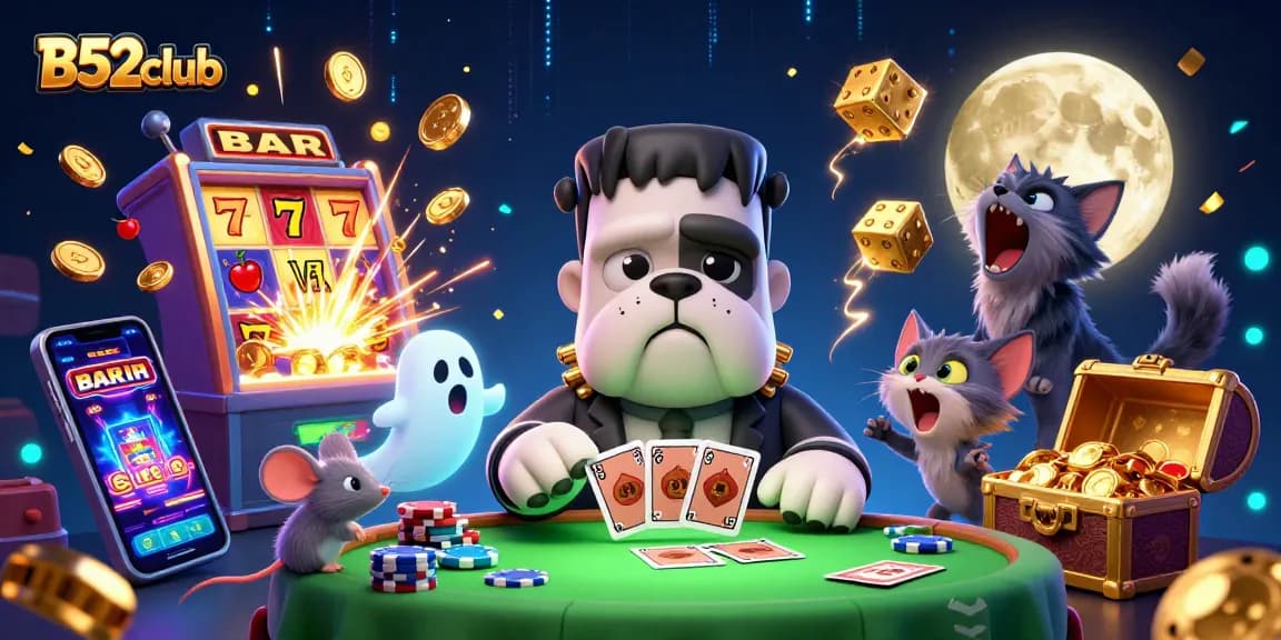 B52club showcases thrilling gaming with dynamic characters and vibrant casino elements exploding with excitement.
