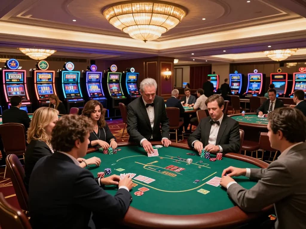 Players enjoying poker games at RR88 casino, vibrant atmosphere with dealers in action.