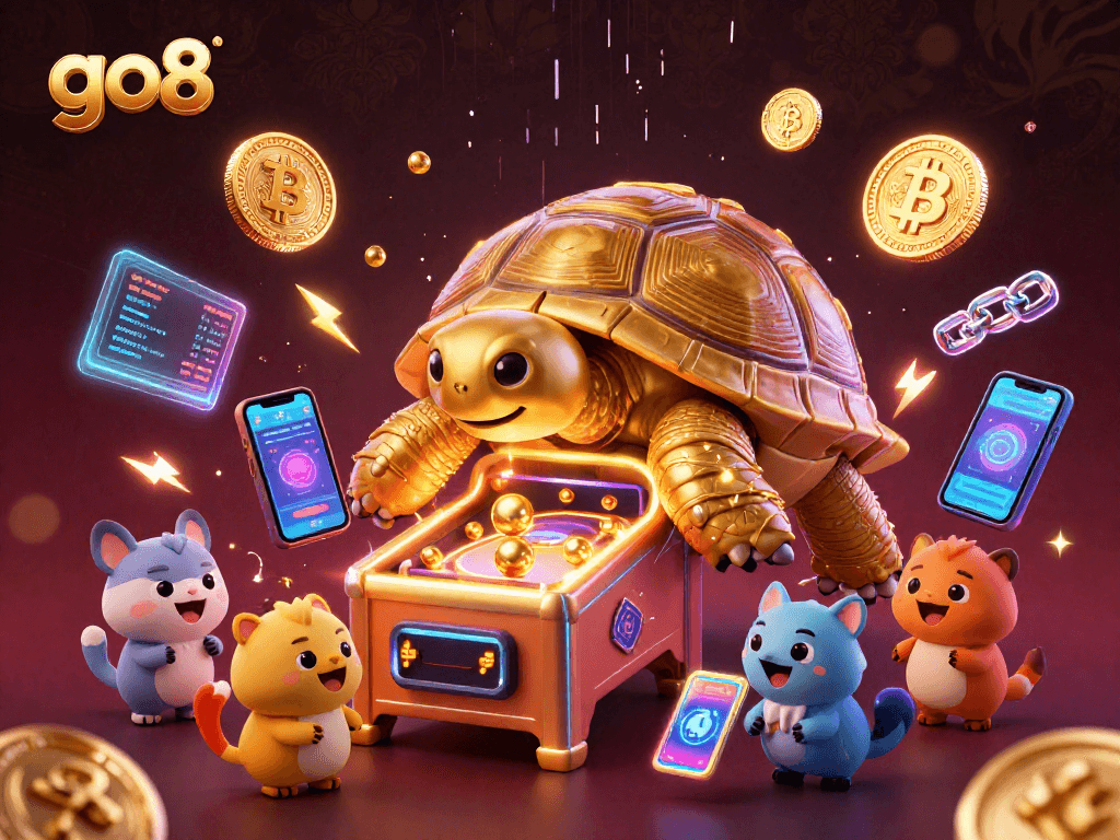 Play at go8 with a vibrant 3D scene showcasing a colossal golden tortoise pinball machine surrounded by crypto coins and animals.