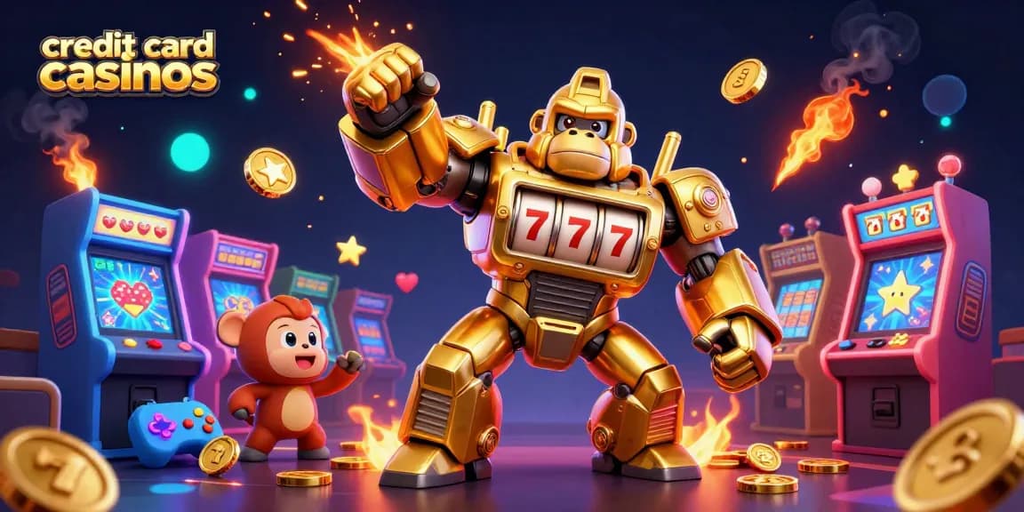 Engage in the excitement of credit card casinos with a dynamic 3D illustration showcasing a golden gorilla mech.