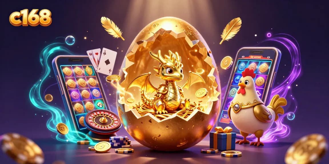 Experience excitement at c168 with a golden dragon guarding poker chips in a vibrant casino scene.