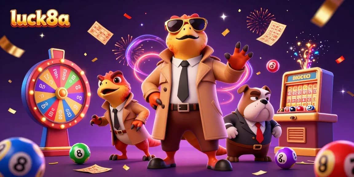 Experience luck8a with cartoon raptors in a trench coat at a vibrant VIP casino atmosphere.