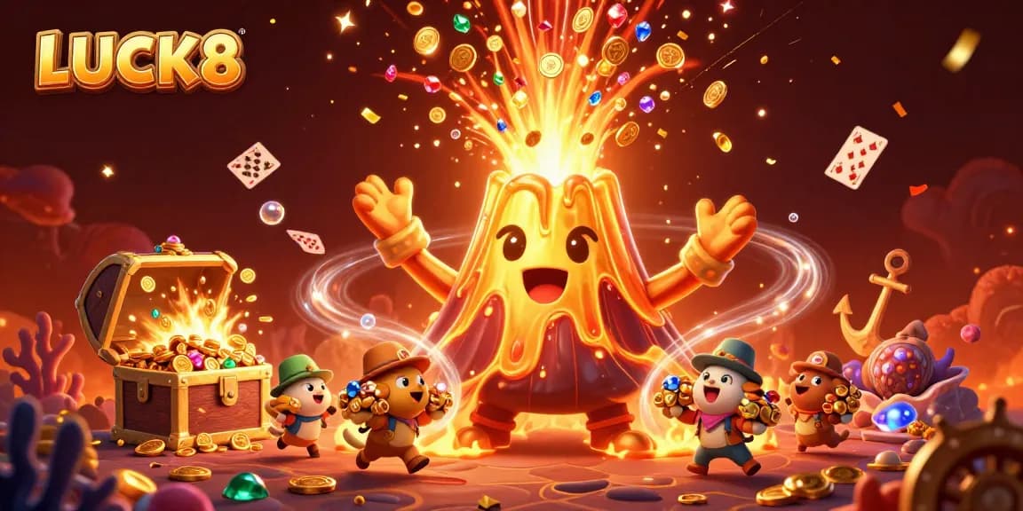 Experience the excitement of LUCK8 casino with a vibrant 3D illustration of treasure and celebration.
