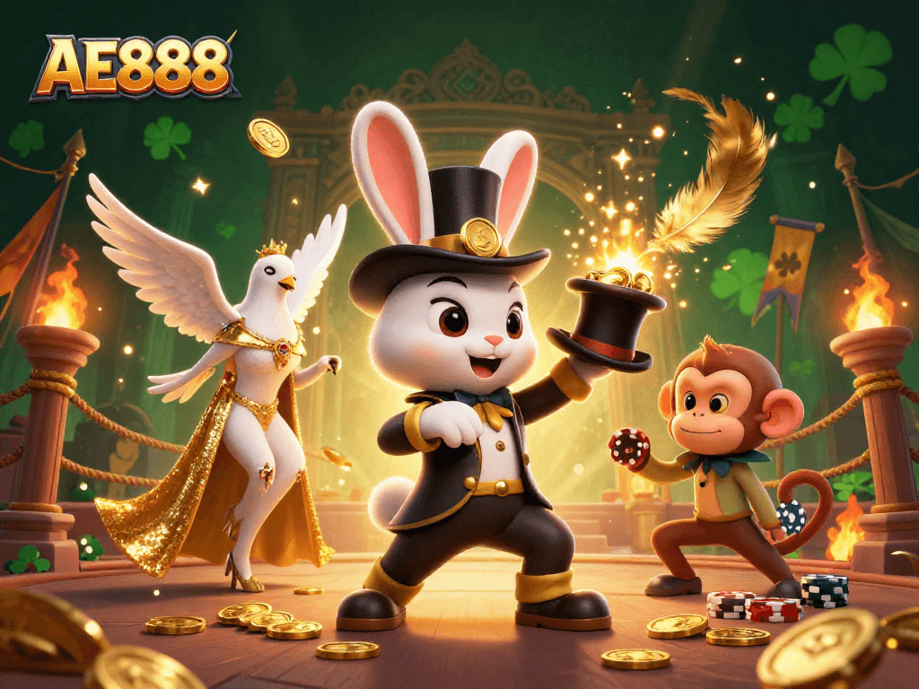 Join the fun at AE888 with a magician rabbit, assistant dove, and monkey in a vibrant casino scene.