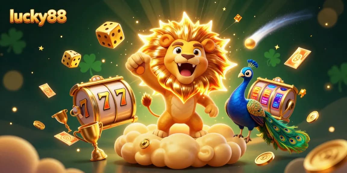 Experience thrilling action at lucky88 with vibrant slot reels and a stunning golden lion illustration.