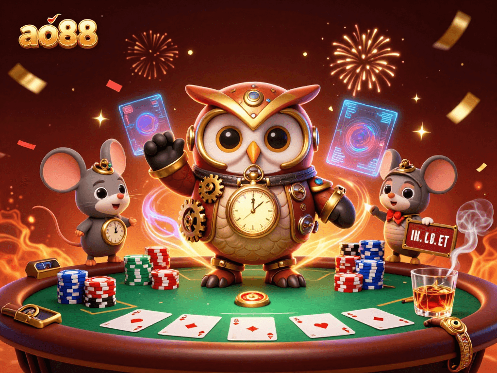 A captivating scene featuring ao88's time-traveler owl and clockwork mouse at a lively poker table with vibrant casino elements.