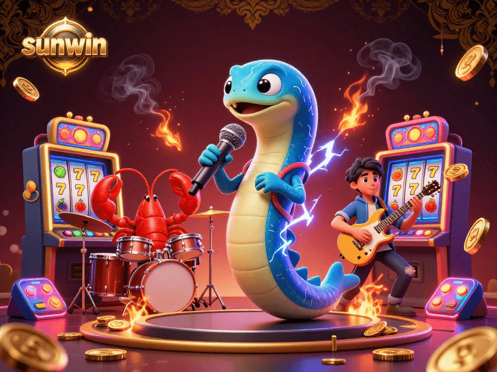 Join the underwater excitement with sunwin as colorful 3D slot machines spin by a DJ eel and his band.
