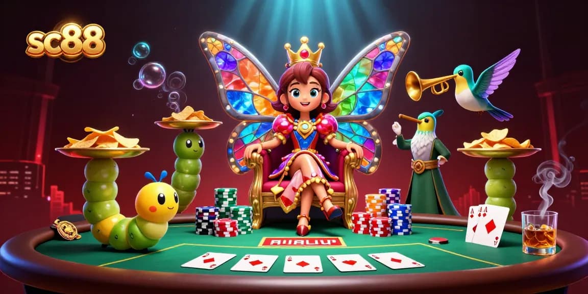 Experience thrilling gameplay at sc88 with a vibrant casino scene featuring a butterfly queen and poker table.