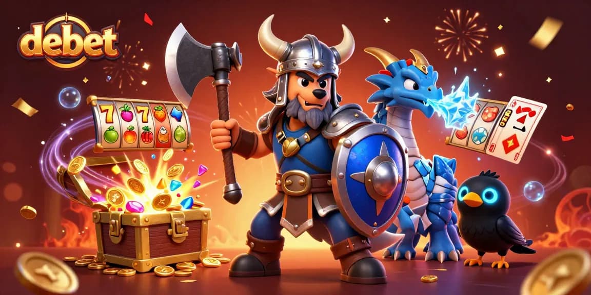 Join the excitement at debet, featuring a Viking warrior, dragon, and treasures in a vibrant casino scene.