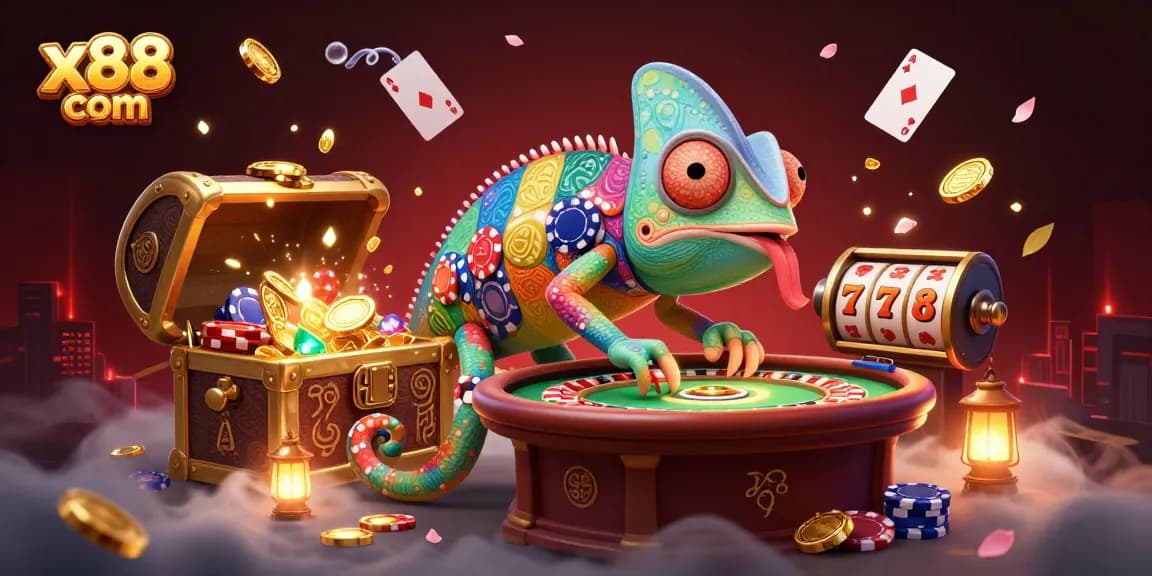 Experience excitement at x88 com with a vibrant scene of a chameleon casino owner and dynamic game elements.