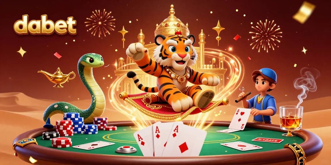 Dabet showcases an energetic scene with a tiger sultan, poker elements, and magic effects during a casino game.