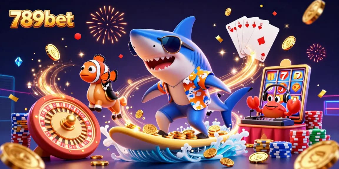 Surf thrilling wins on 789bet with a lively illustration of a shark, clownfish, and DJ crab.