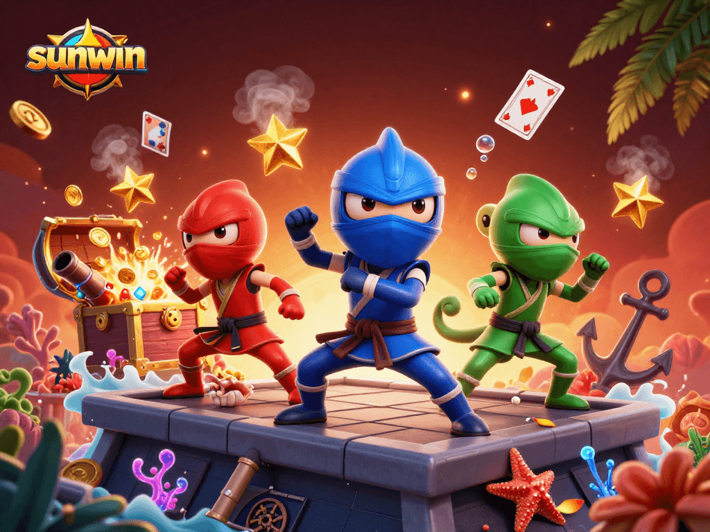 Win big with sunwin while 3D ninja chameleons showcase vibrant casino action in a dynamic scene.