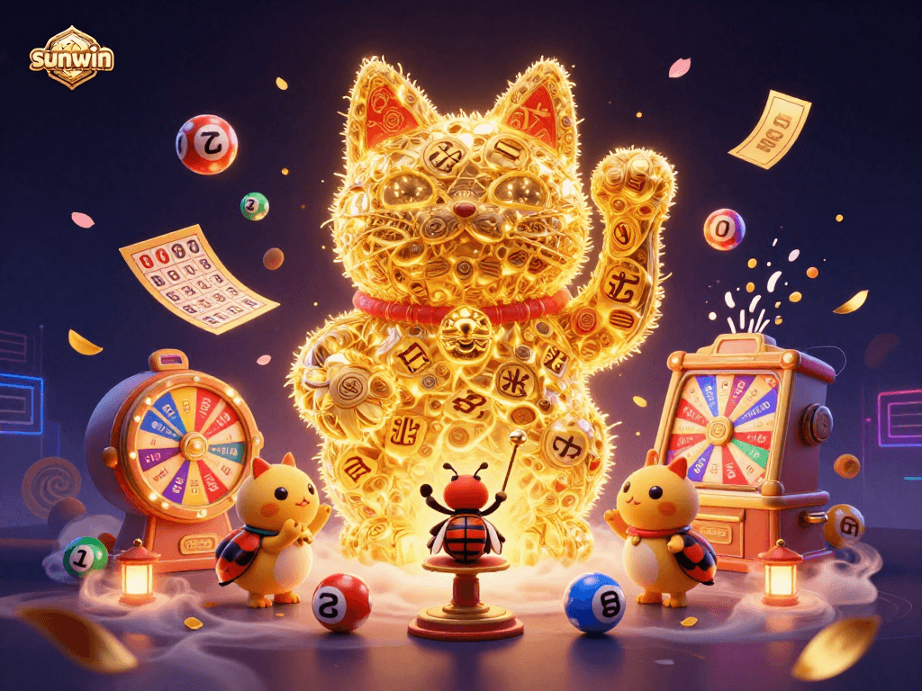 Sunwin offers vibrant lottery action with a giant lucky cat and dynamic game elements.