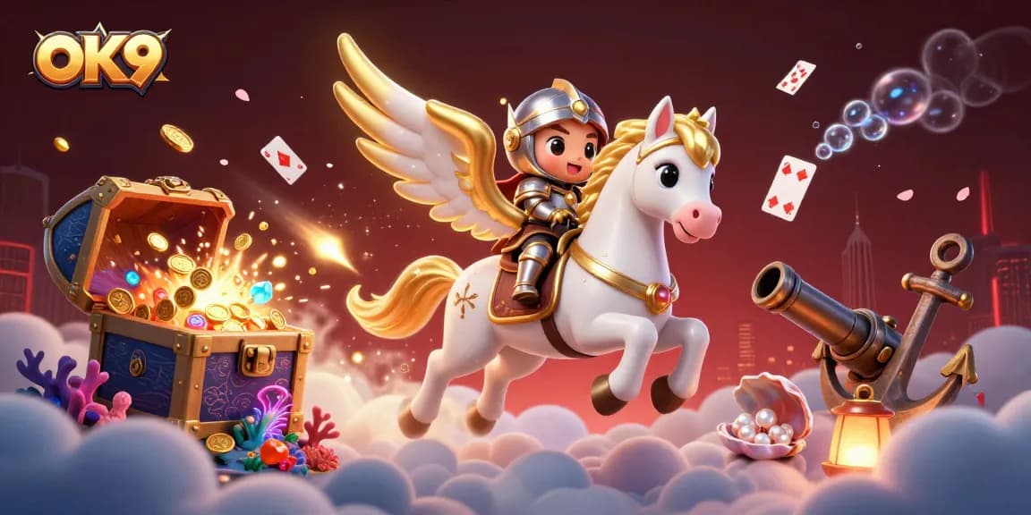 Win big with OK9's thrilling casino games, featuring a dynamic 3D illustration of a celestial horse.