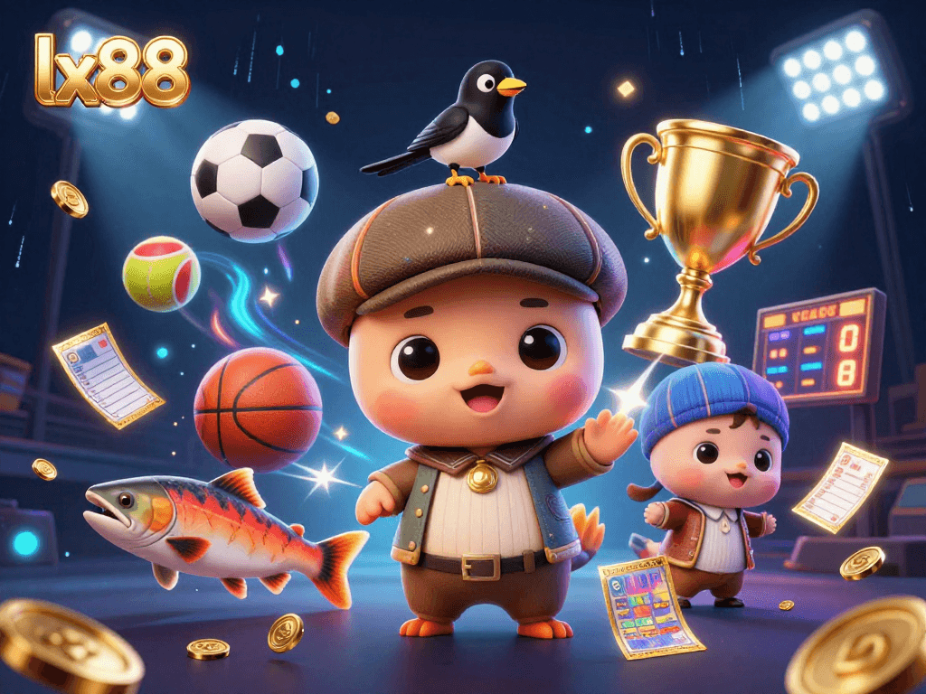 Bet on excitement with lx88 featuring Nessie and sports-themed elements in a vibrant 3D illustration.