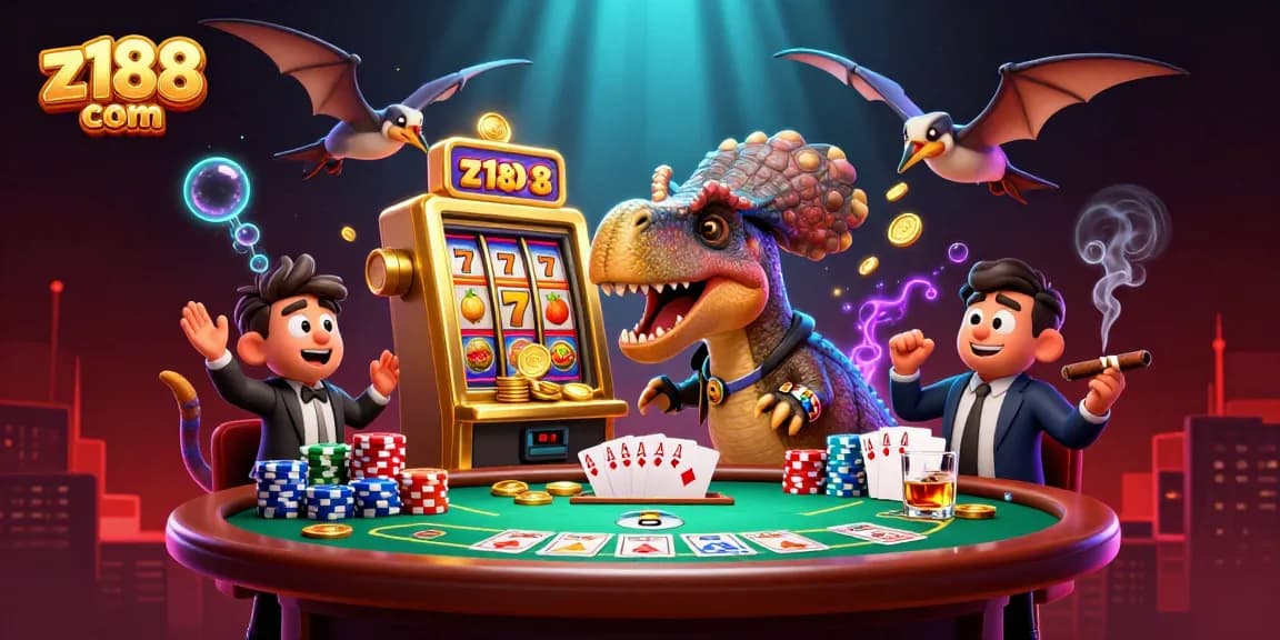 Experience thrilling jackpots with z188 com’s casino excitement featuring dynamic slot machines and cartoon dinosaurs.