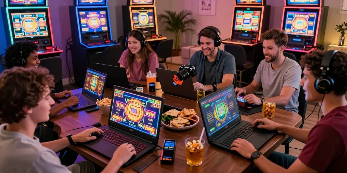 Friends enjoying a credit card casino experience with laptops and drinks in a vibrant gaming setup.