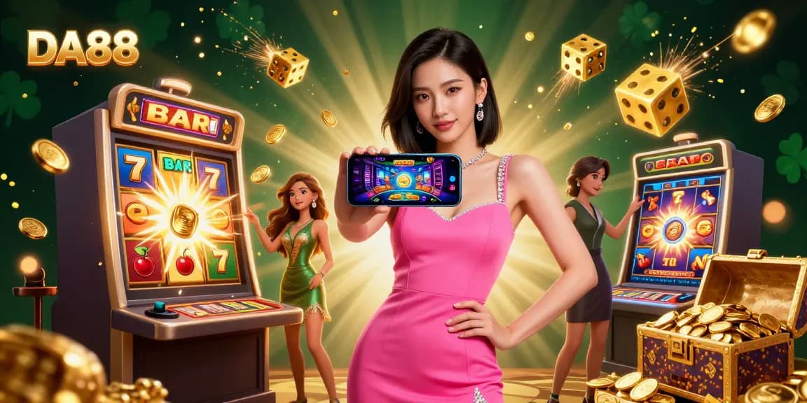 Experience the excitement of DA88 with a stunning Asian woman showcasing live dealer casino games surrounded by vibrant slot machine elements.