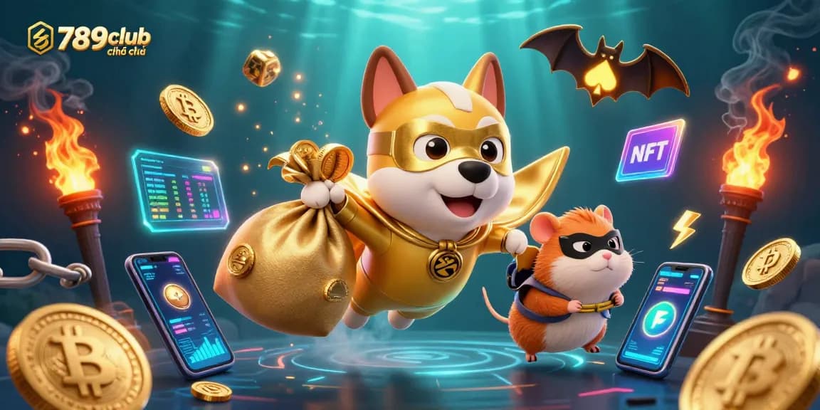 Fly high with 789club chính thức as the superhero dog saves the day among neon coins and casino icons.