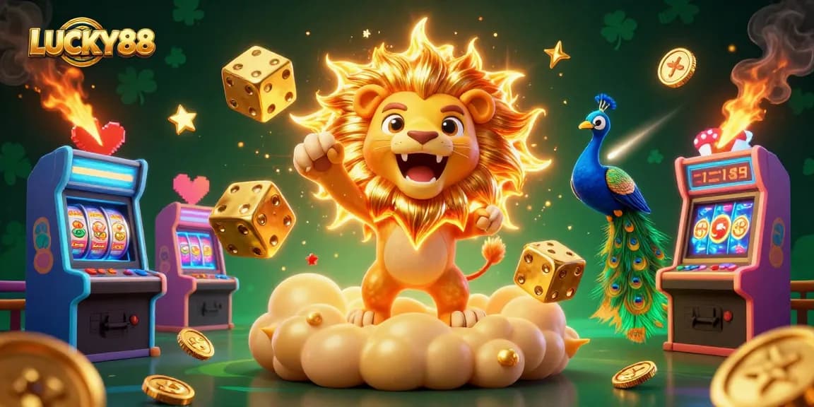 Experience LUCKY88 thrills with a roaring sun lion and vibrant casino elements in this stunning artwork.
