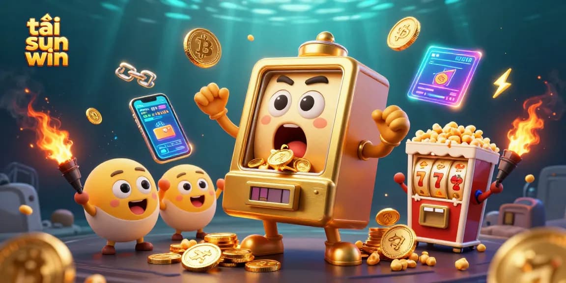 Spin the golden slot machine and win with tải sun win, showcasing vibrant casino elements and crypto coins.