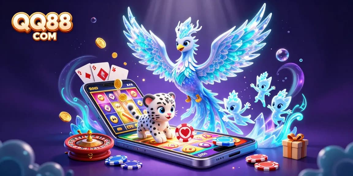 Play slots and explore QQ88 COM with a vibrant 3D illustration featuring a phoenix and gaming elements.