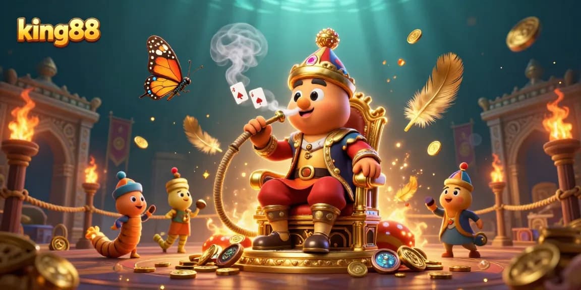 Experience king88's vibrant online casino world with a captivating 3D illustration of games and excitement.