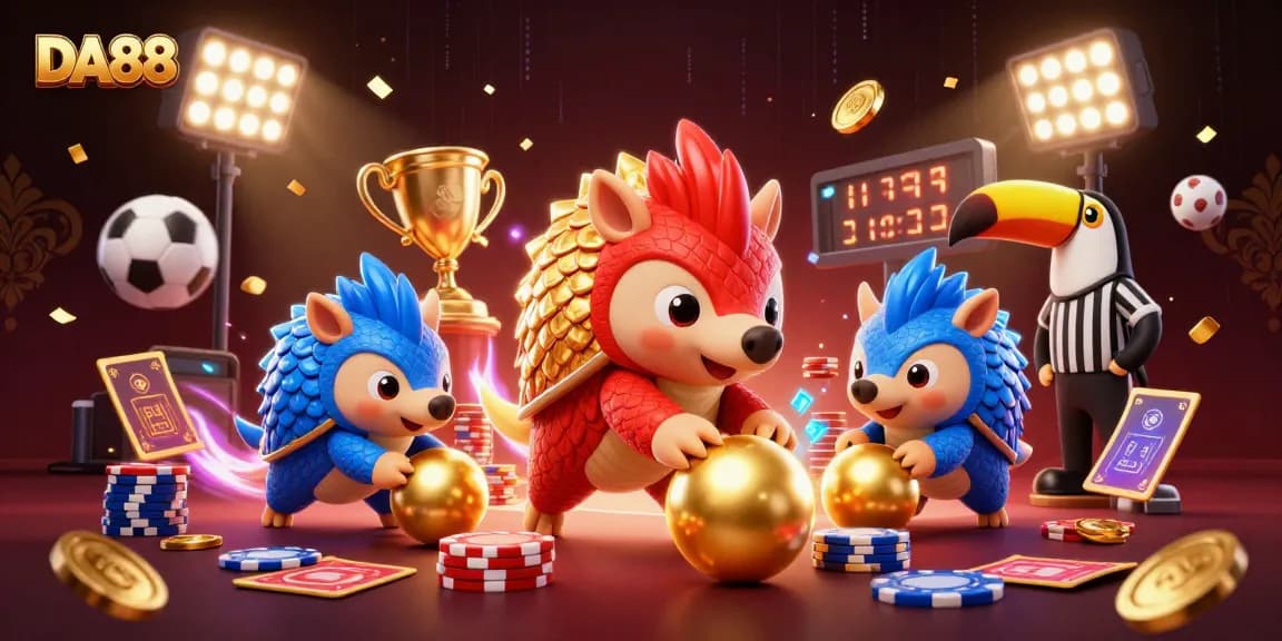 DA88 pangolins engaging in an exciting casino game, surrounded by festive elements and sports balls.
