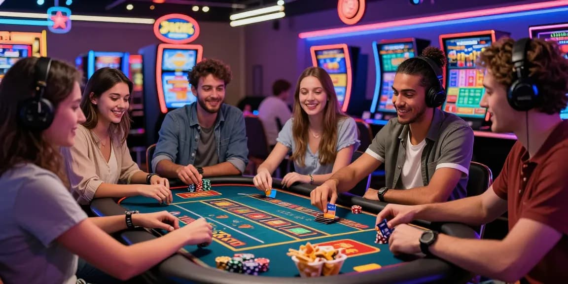 Friends enjoying a lively gaming night at mastercard casinos with colorful lighting and interactive games.