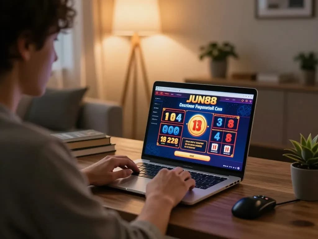 Engaging with the JUN88 online casino interface at home, showcasing a vibrant gaming setup.
