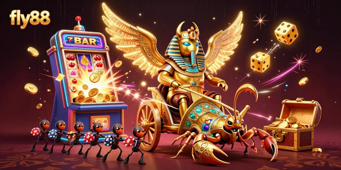 Experience thrilling wins with fly88 as a golden scarab beetle rides a jackpot-filled chariot.
