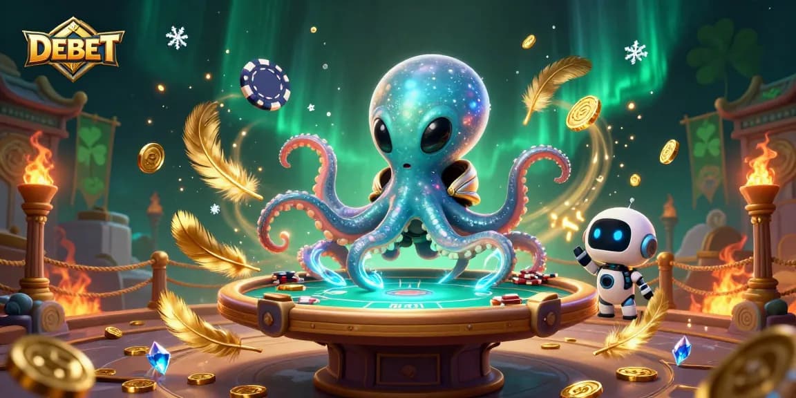 Engage with DEBET in a vibrant casino scene featuring an alien octopus and poker table.