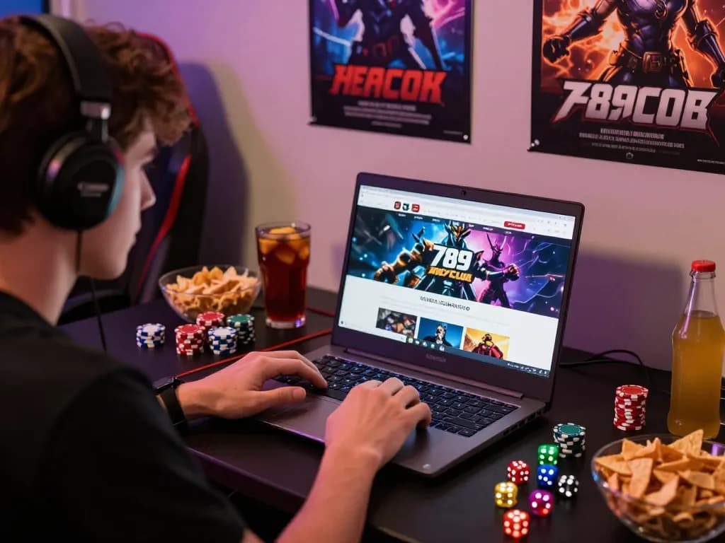Engaging moment of a gamer enjoying 789club online gaming experience with chips and dice in a vibrant setting.