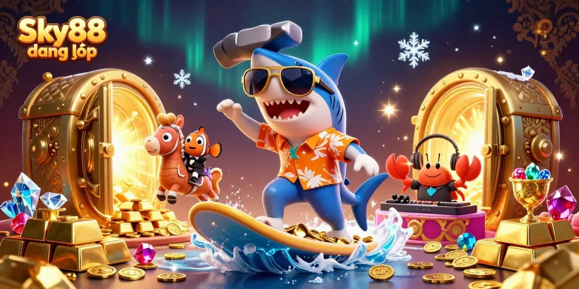 Sky88 đăng nhập: Play exciting casino games with shark and clownfish characters amidst gold coins.