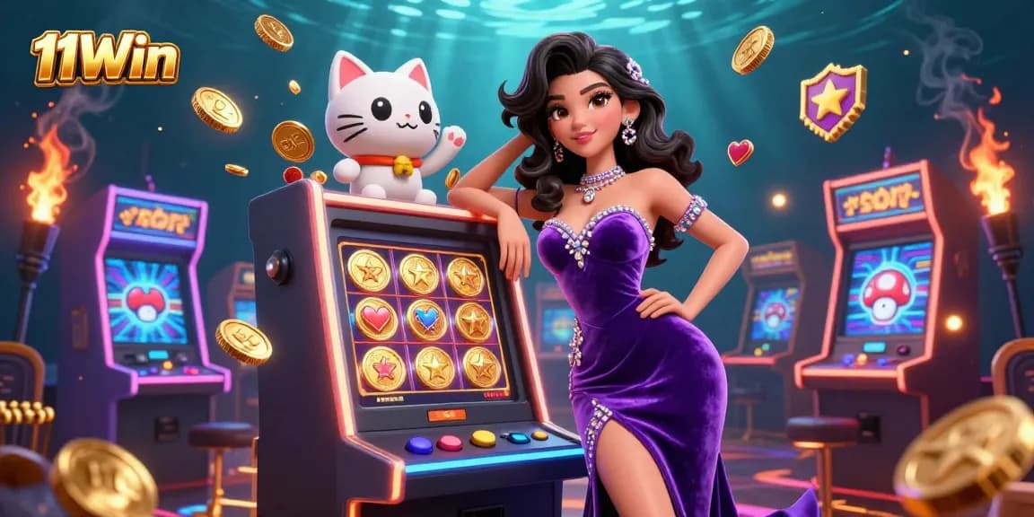 Play exciting games at 11Win with vibrant slot machines and a charming fortune cat mascot.