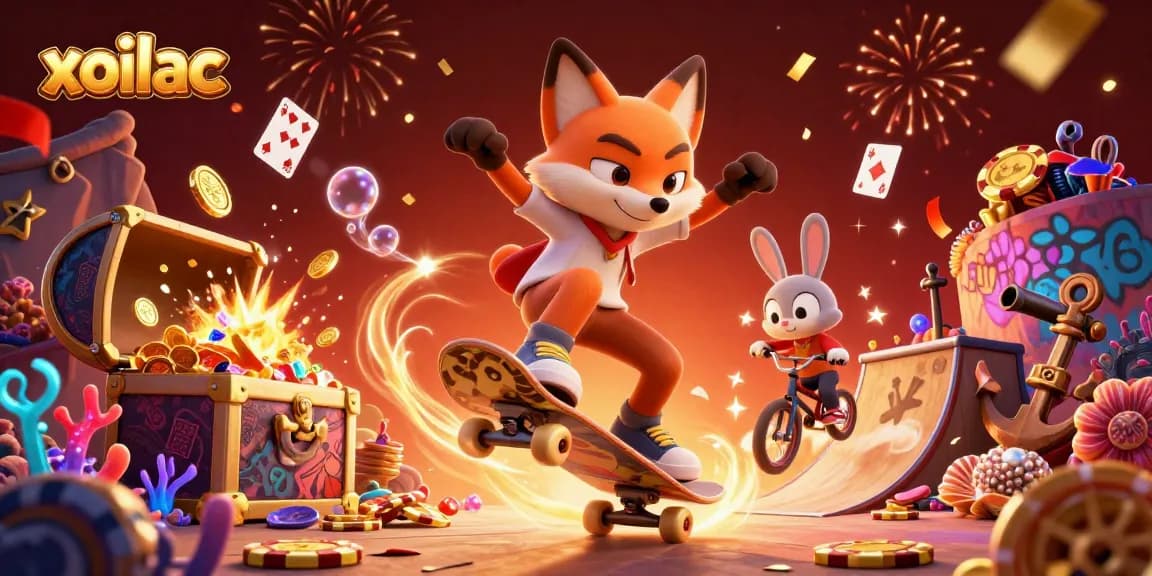 Experience the thrill with xoilac, a vibrant scene featuring a skateboarder fox and BMX rabbit in a lively casino atmosphere.