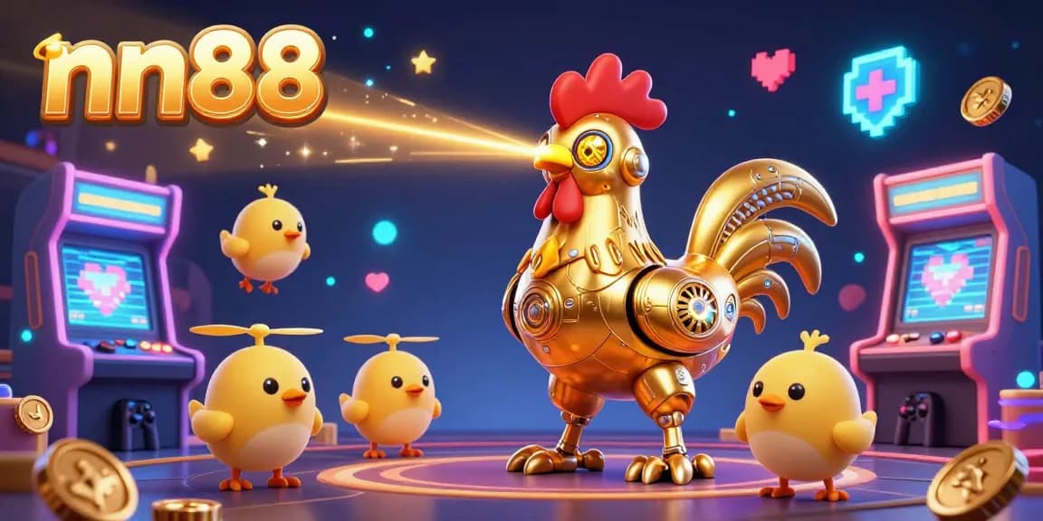 Experience the excitement of nn88 in this vibrant casino scene featuring a golden rooster robot.