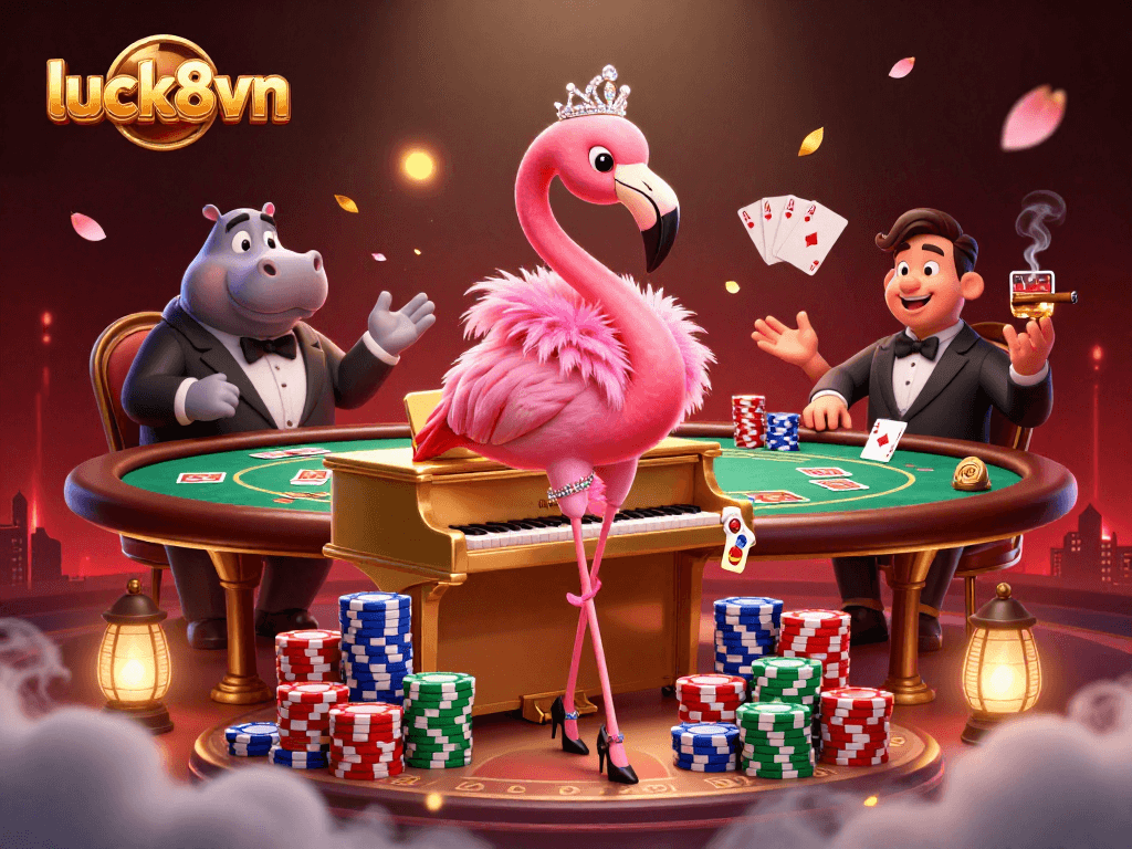Join the fun at luck8vn with vibrant casino illustrations featuring singing flamingos and poker chips.