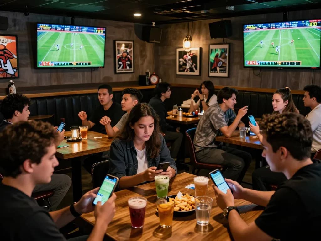 Fans engaging with live scores on betting apps on their smartphones at a sports bar while following 7mcn updates