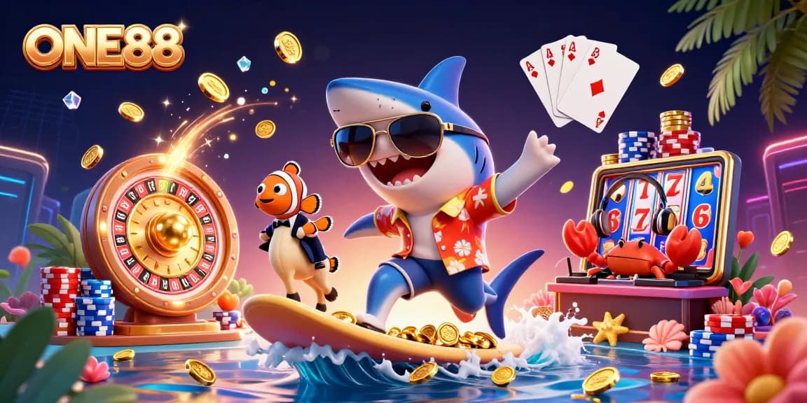 Engage with ONE88's thrilling casino experience through a vibrant, cartoonish ocean adventure scene.
