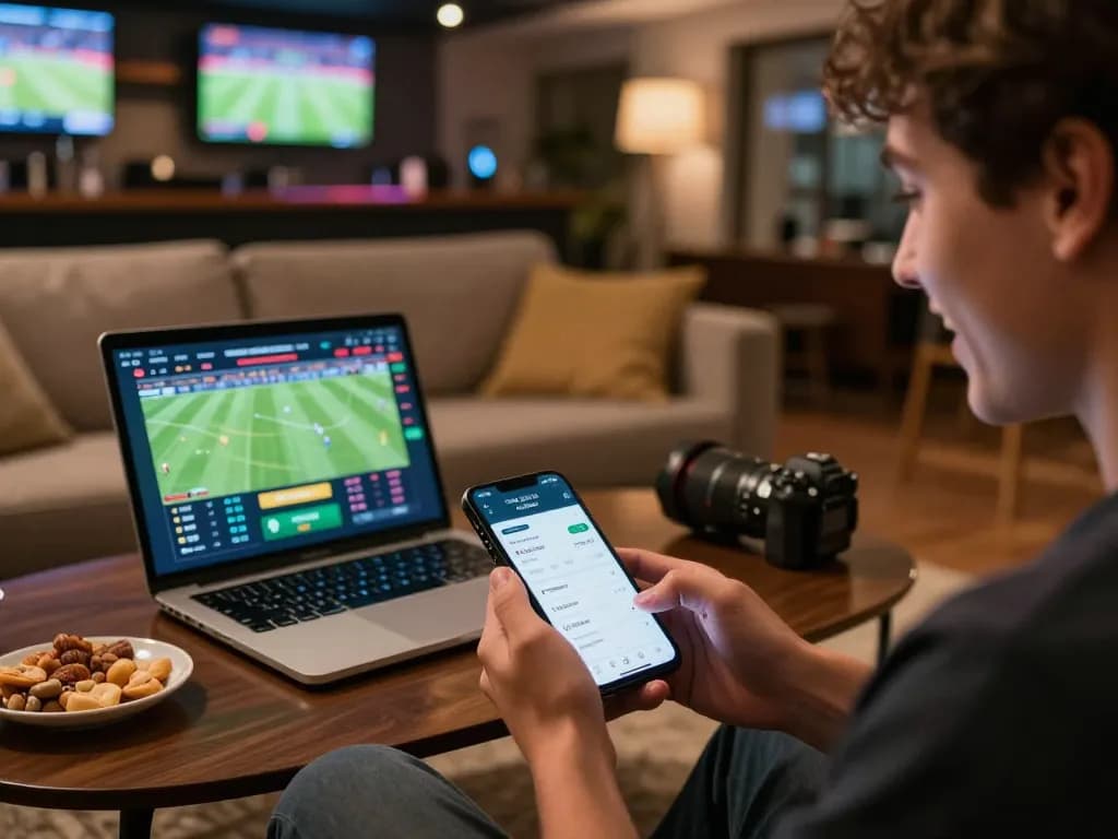 Xoilac app interface shows active sports betting while user engages in home viewing.