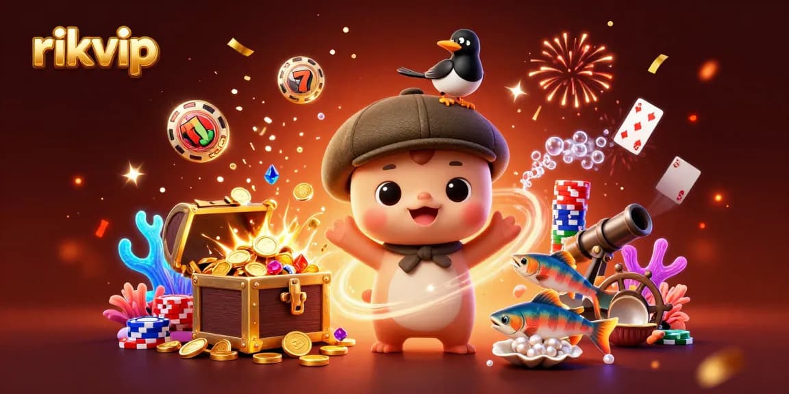 Experience fun at rikvip with playful characters and vibrant casino elements.