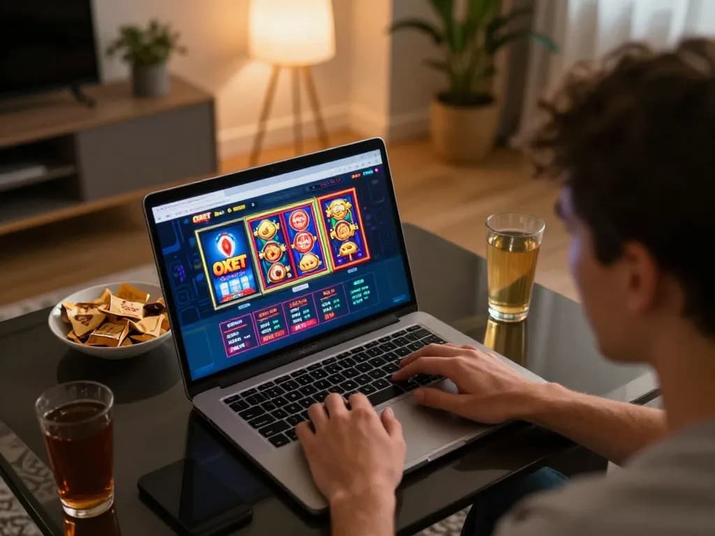 Player enjoys OXBET online gaming experience in cozy home setting with vibrant visuals