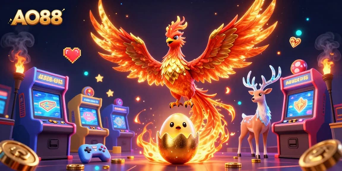 Experience the thrill of AO88 with vibrant gaming elements and lucky symbols in this dynamic casino illustration.