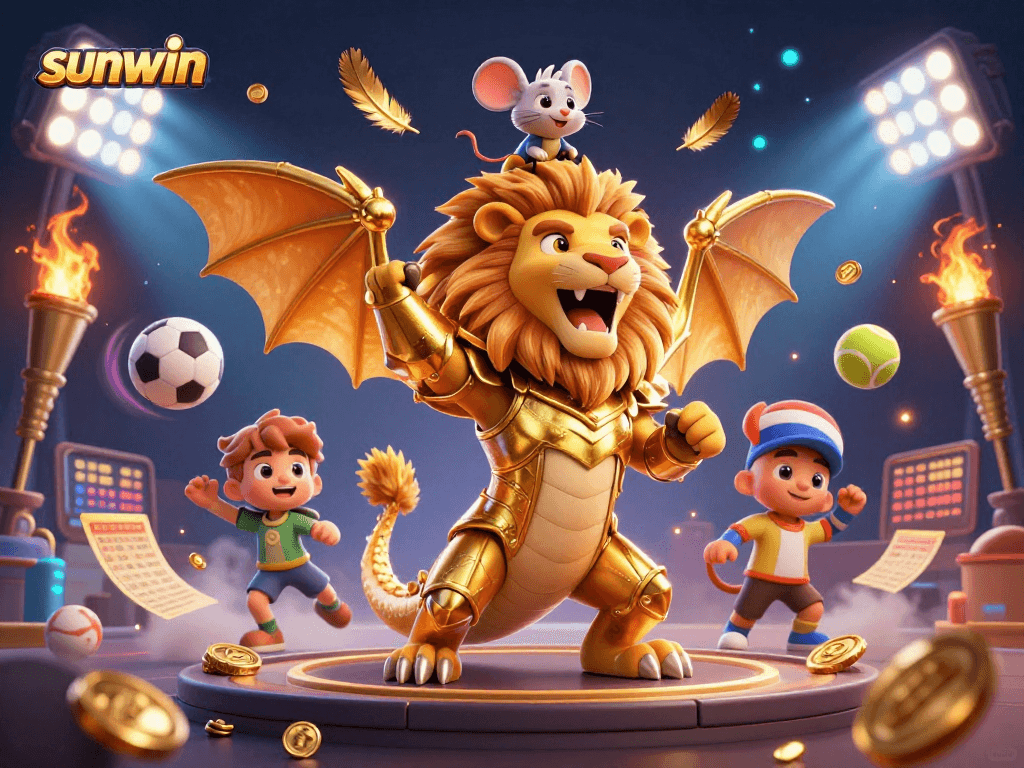 Experience the thrill of sunwin with a vibrant 3D casino scene featuring a chimera and sports elements.
